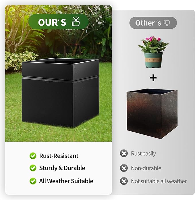 HONYTA Matel Planter Box 17" L x 17" W x 18" H, Cube Heavy Duty Powder Coating Steel Planters with Drainage Hole, Indoor Outdoor All-Weather Use for Home, Porch, Patio, Hotel(Black)