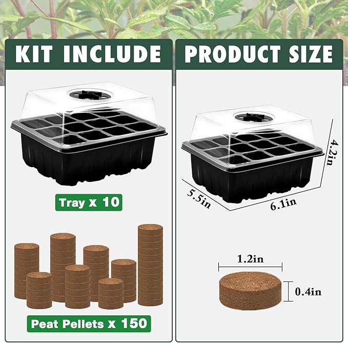 ZeeDix 10 Pack Seed Starter Trays Kit with 120 PCS Coco Pellets, Base Tray for Indoor Planting, Mini Greenhouse Germination System for Herbs Vegetables Gardening Supplies(120 Cells Total Tray)