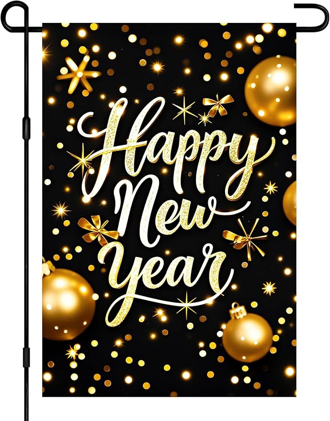 Happy New Year Garden Flag 12x18 Inch Gold Glitter Winter Holiday Yard Decor Seasonal Welcome Banner Outdoor Christmas Lawn Sign Double Sided Polyester For Girls or boys gifts