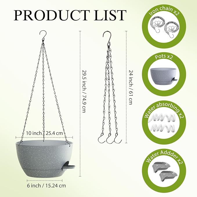 SQKH 10 Inch Hanging Baskets 2 PC with Chains, Self-Watering Hanging Planters for Indoor Outdoor Plants, Plastic Hanging Flower Pots,Speckled Grey