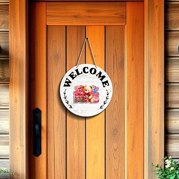 Interchangeable Seasonal Welcome Sign Valentine's Day Front Door Decoration, Rustic Round Wood Wreath Porch Decor, Changeable Welcome Sign for Spring Summer Fall Winter All Seasons Holiday, White