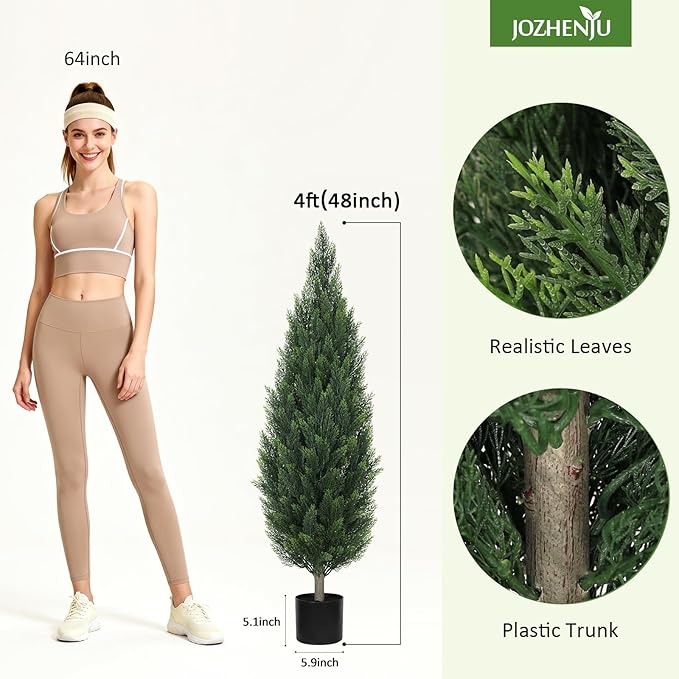 Artificial Cedar Trees Outdoors 4FT - UV Resistant Indoor Faux Topiary Trees, Realistic Potted Cypress Plants for Outside Planter, Fake Shrubs for Home Entrance Patio Front Porch Decor, Set of 2
