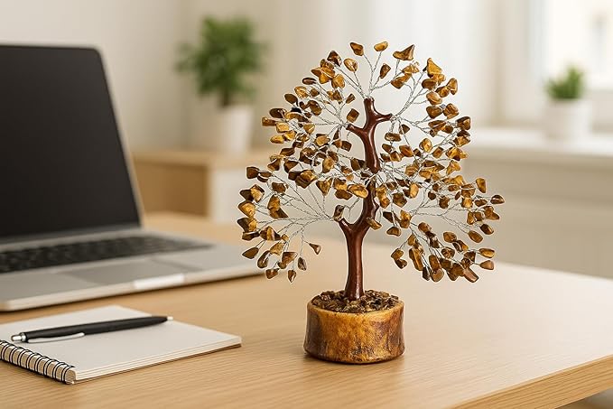 Crystal Tree of Life - tiger eye silver Healing Crystal for Home & Office Decor | Handmade Gemstone Money Tree for Positive Energy, Good Luck & Wealth | Spiritual Birthday Gift for Women & Mom