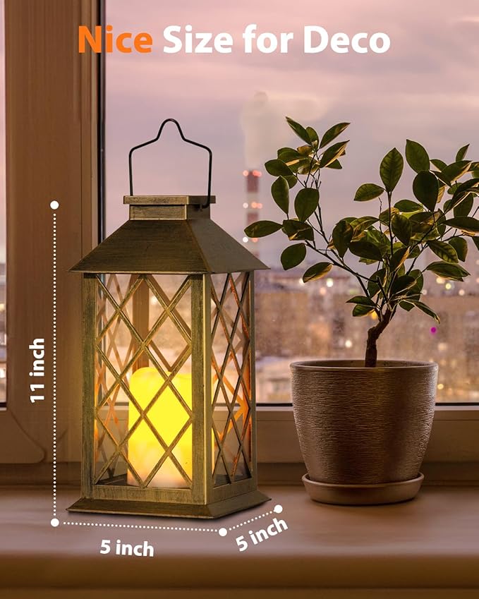 Otdair Solar Lanterns Outdoor Waterproof, 2 Pack 14" Solar Lantern with Glass Retro LED Flickering Flameless Candle,Lanterns Decorative Outdoor for Gift, Yard, Garden, Patio, Balcony, Brazen