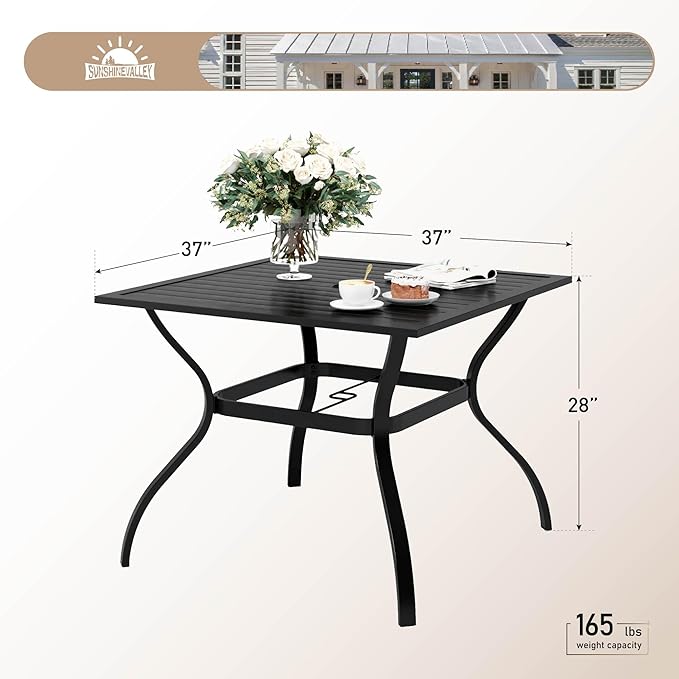 37" Patio Dining Table for 4, Square Patio Table with Umbrella Hole,E-Coating and Powder Coating Steel Frame Metal Outdoor Patio Table for Garden Backyard Lawn Yard