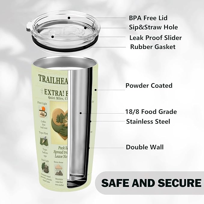 SNUGLYZEN Hiking Tumbler 20oz Stainless Steel Travel Mug – Mountain Hiker Art, Trail Poster Style, Camping & Outdoor Adventure Gift for Men & Women