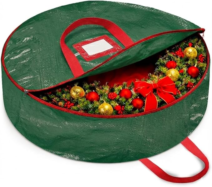 ZOBER Christmas Wreath Storage Container 30 Inch - Wreath Bag for Artificial Wreaths Box - Dual Zippered Wreaths Storage Bag with Strong Durable Handles - Green