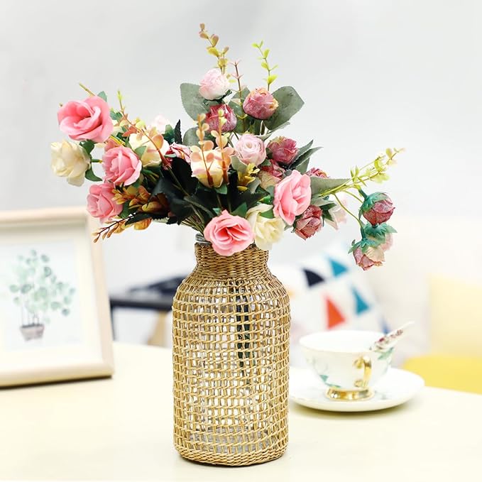 DOITOOL Wicker Vase, 8" Tall Glass Vase with Rattan Cover, Tall Rattan s for Flowers, Boho Floral Container Bottle for Floral Arrangements Housewarming Party Home Decor (L)