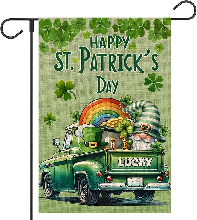 Happy St Patricks Day Garden Flag 12x18 Inch Double Sided Lucky Clovers Shamrocks Gnome Rainbow Truck Outside Small Flag for Yard Outdoor Holiday Decoration
