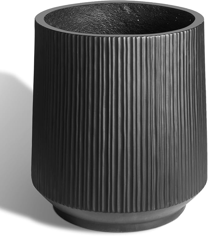 Heyzier Concrete Planter Outdoor Indoor, Large Cement Plant Pots with Saucer for Trees Flowers (Vertical Black, 17 inch)