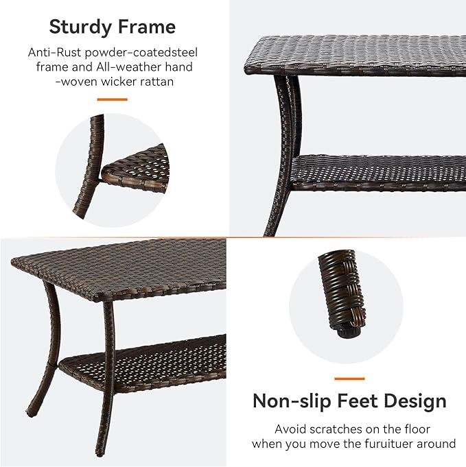 Wicker Outdoor Coffee Table,Rattan Outdoor Coffee Table with 2-Layer Storage Furniture Tables for Garden,Porch,Backyard