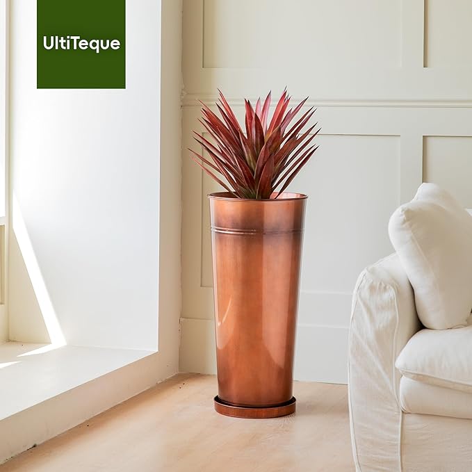 UltiTeque 28in Tall Copper Planters Set of 2,Galvanized Steel Tall Outdoor Planter for Indoor/porches- Copper Color(2planters,2inner pots with Holes,2trays)