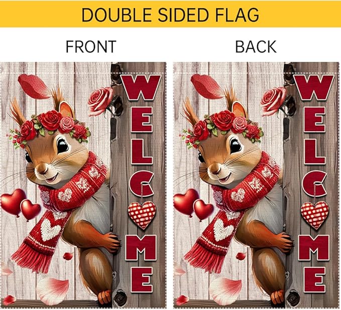 Valentine’s Day Garden Flag 28x40inch Double Sided The Squirrel Red Love Heart Rose Valentine’s Garden Flags For Home Outdoor Yard Patio Lawn Decor,Welcome Valentine Garden Outside Decorations Banner