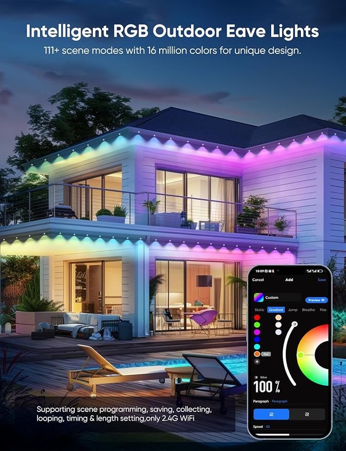 APPECK Permanent Outdoor Lights 100ft,RGBW Eaves Light with 72 LED Lights,111+ Scenes Modes Outdoor Lighting, Waterproof Permanent Light for Daily Holiday Decorations, Works with Alexa,Black