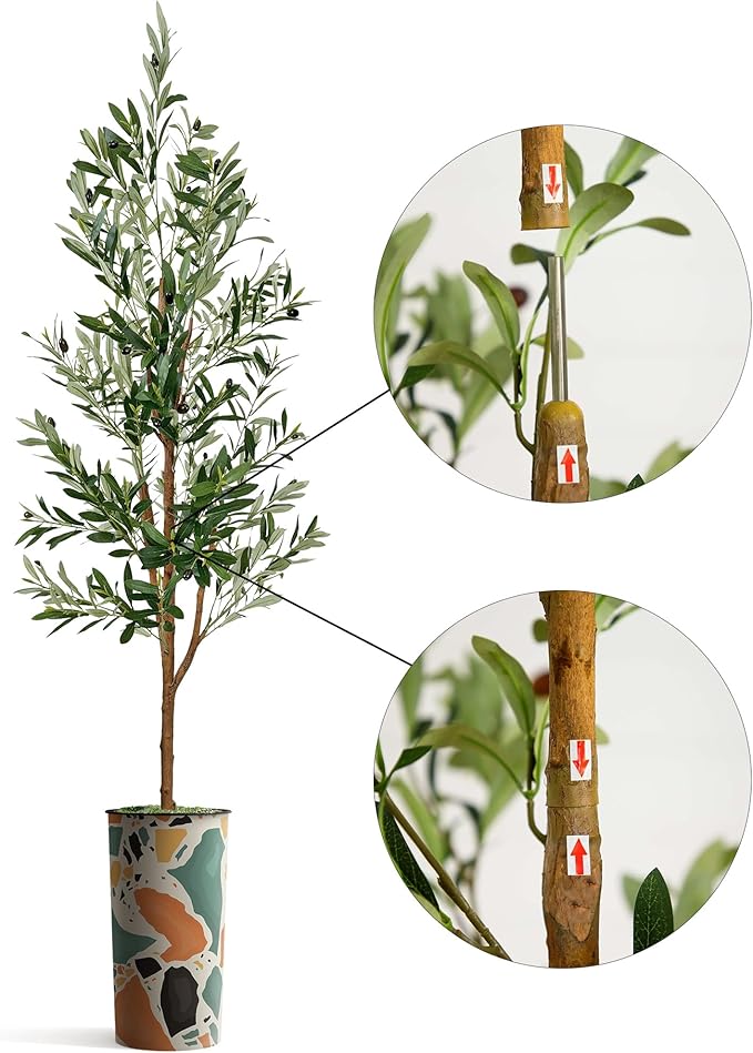 Artificial Tree in Modern Geometric Pattern Planter, Fake Olive Silk Tree for Indoor and Outdoor Home Decoration - 68" Overall Tall (Plant Pot Plus Tree)