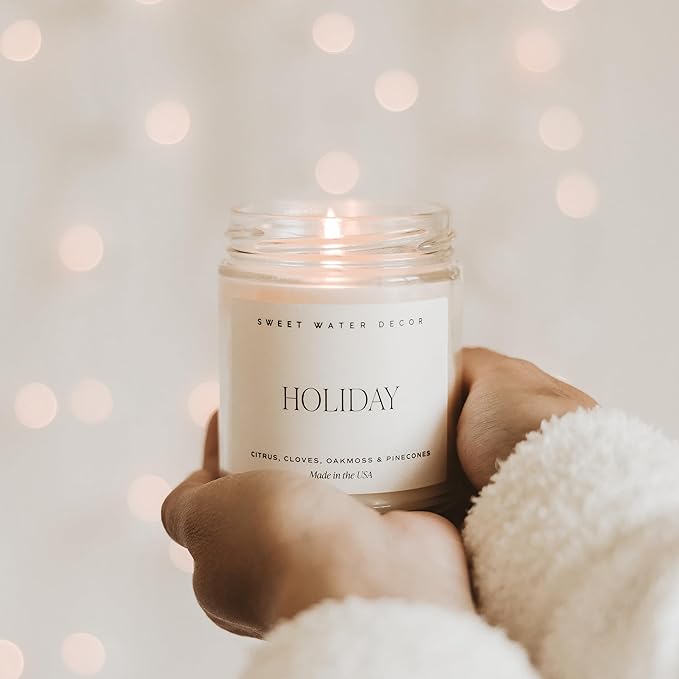 Sweet Water Decor Holiday Candle | Cloves, Pine, and Sandalwood Festive Christmas Winter Scented Soy Candles for Home | 9oz Clear Jar, 40 Hour Burn Time, Made in The USA