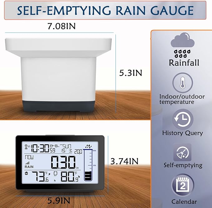 Wireless Rain Gauge Outdoor, Self-Emptying Digital Rain Gauges Outdoors Best Rated, Electronic Rain Measure Gauge for Garden, Freeze Proof Rain Gauge with Thermometer, Remote Rain Meter for Yard