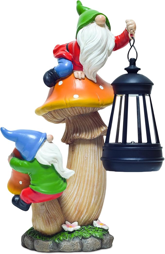 Funny Garden Gnomes Outdoor Climbing on Mushroom with Holding a Solar LED Lantern Resin Mushroom Statue for Patio Yard Lawn Porch Decor