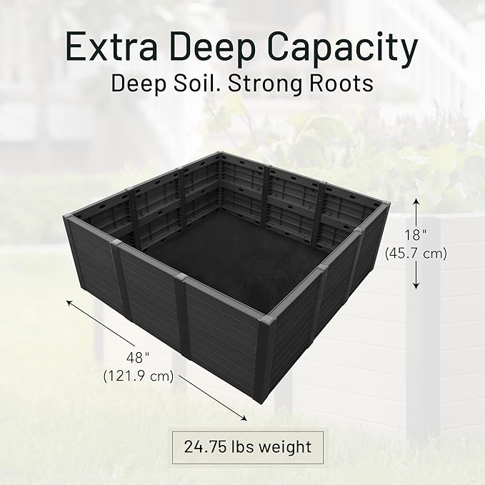 Tierra Verde 48-Inch x 48-Inch Raised Garden Bed with Tool-Free Connect System and Crafted from Recycled Materials, for Patios or Decks, Black