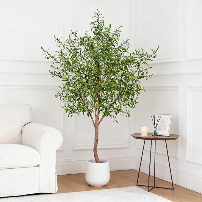 Niwellveb Fake Tree Faux Olive Tree Artificial Olive Trees Artificial Indoor Realistic Potted Silk Indoor Large Fruit for Home Offices, Living Rooms, Bedrooms, Stairs and Foyer Decor (8 Ft Leaf Type)