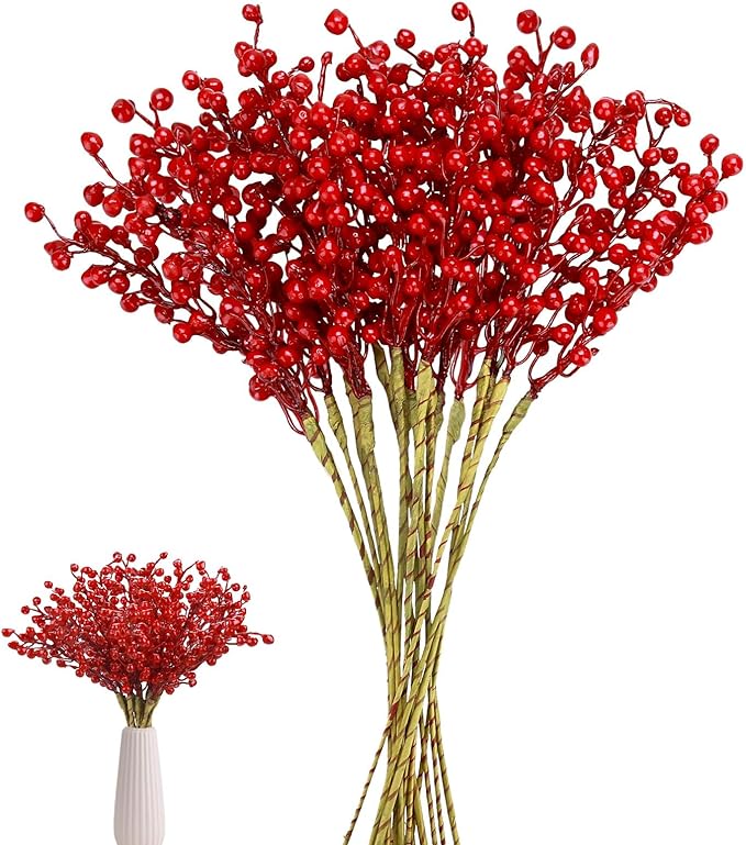 16 Pack Artificial Red Berry Stems Holly for Christmas Tree Decorations for Crafts, Holiday and Home Decor