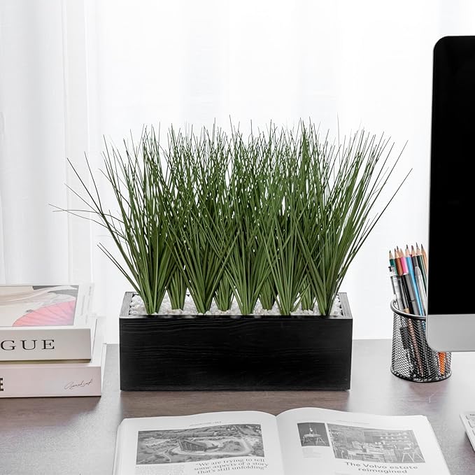 MyGift 12 Inch Artificial Green Grass Plants in Rustic Black Solid Wood Planter Box, Faux Greenery Plant Centerpiece in Decorative Rectangular Wooden Container