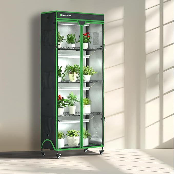 Plant Stand with Grow Light, 36" W x 18" D x 72" H, 5-Tier Indoor Greenhouse with Cover & 3-Color T8 Growth Lights and Smart Socket, Thermohygrometer, for Seedlings & Flowering