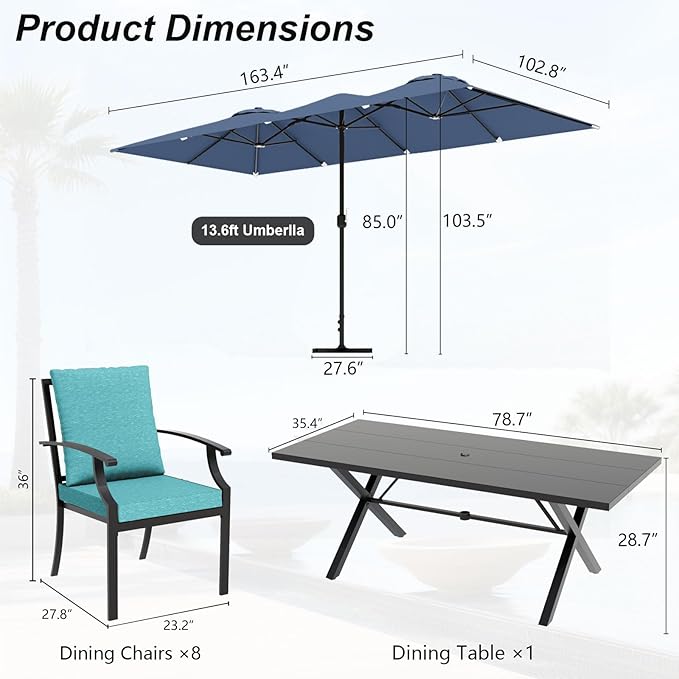 10-Pieces Patio Conversation Set,Metal Outdoor Furniture Set Includes 13.6FT Navy Umbrella,Hole Cut-Out 78.7" x 35.4" Table and 8 Metal Backrest Chairs for Backyard,Garden,Blue