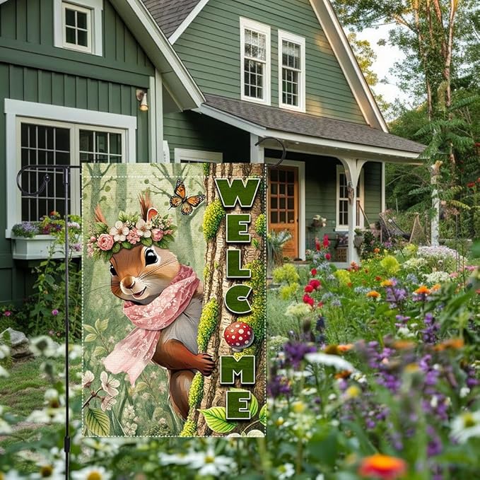 Spring Summer Garden Flag Decorations 12x18inch Burlap Double Sided Squirrel Summer Garden Flags For Outside Yard Home Outdoor Patio Lawn Decor,Welcome Garden Banner (RMQ86, 12"X18")