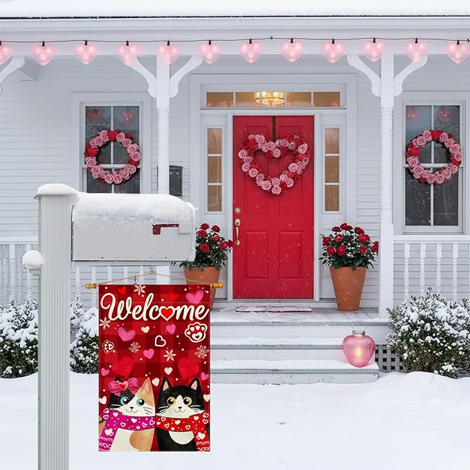 Welcome Valentine’s Day Garden Flag Romantic Love Heart Couple Cats Paw Yard Flag 12x18 Inch Double Sided Small Mini Yard Outdoor Outside Holiday Decoration