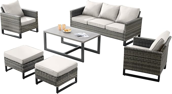Rilyson Wicker Outdoor Patio Furniture Set - 6 Piece Patio Conversation Set with 2 Armrest Chairs,2 Rattan Ottoman,1 Couch and 1 Metal Side Table for Outside Porch Deck Backyard(Mixed Grey/Beige)