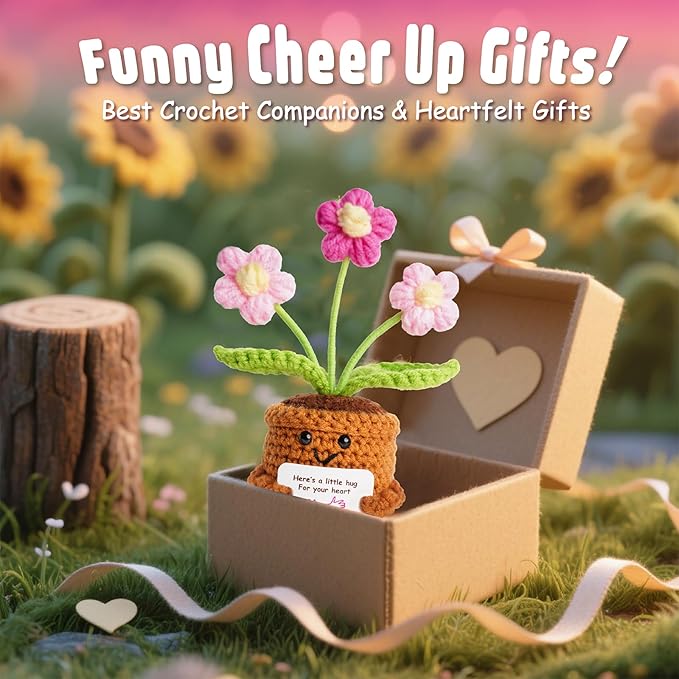 penzoos Emotional Support Plant, Handmade Crochet Potted Flower with Inspirational Message Card, Pink Petal Knitted Daisy, Stress Relief Gift for Christmas, Friends, Family, and Coworkers