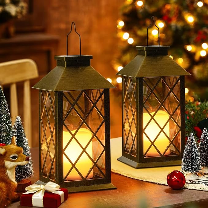 TAKE ME 14" Solar Lanterns Outdoor Waterproof Garden Lanterns Large Flickering Flameless Candle Mission Lights for Table,Outdoor,Party Mothers Day Gifts ( 2 Packs Brush-Painted Antique Bronze Color)