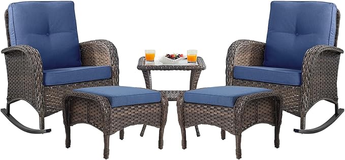 Belord Patio Rocking Chairs Furniture Set - 5 Piece Outdoor Wicker Furniture Sets with Ottomans, Small Patio Conversation Sets with Wicker Rocking Chairs Brown/Blue