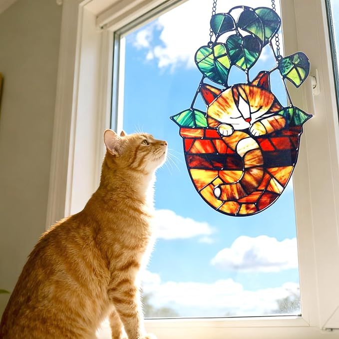 Acrylic Hanging Cat in Flowerpot for Window Doors Home Decoration，Sun Catchers for Windows Hanging，Valentine's Day Mother's Day Birthday Gifts (TYU737)