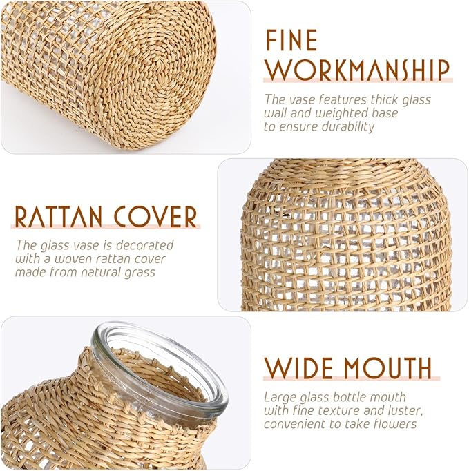 DOITOOL Wicker Vase, 8" Tall Glass Vase with Rattan Cover, Tall Rattan s for Flowers, Boho Floral Container Bottle for Floral Arrangements Housewarming Party Home Decor (L)