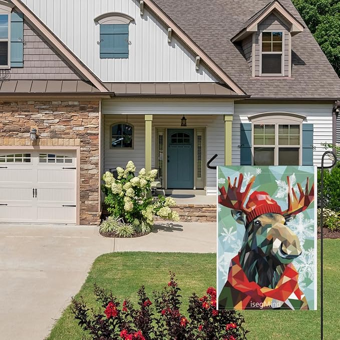 Moose with Red Scarf and Hat Snowflake Christmas Garden Flag, 28x40 Inch Double Sided Linen Holiday Red Winter Farmhouse Yard Outdoor Decoration (4336)