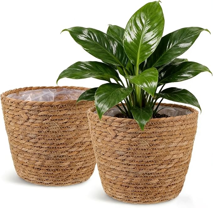 2PCS Seagrass Plant Basket for Indoor and Outdoor,Wicker Planter Basket with Liner for 6 inch Pot,Indoor Plant Pot Covers for Potted Plants, Rattan Storage Baskets for Rustic Boho Farmhouse Decor