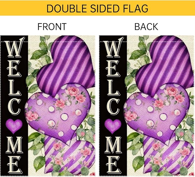 Welcome Valentines Day Garden Flag 12x18 Inch Double Sided Small Burlap Purple Hearts and Floral Seasonal Decor for Outdoor Yard Patio Porch