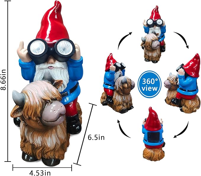 Christmas Gnome Decorations Statue - Garden Gnomes Solar LED Telescope Lights Sitting on Highland Cow Outdoor Patio Lawn Yard Balcony Home Decor Gnomes Gifts for Women Mom