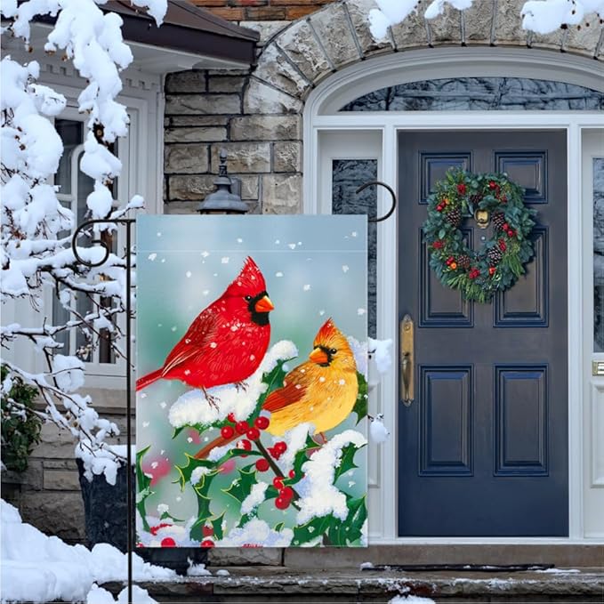 Winter Cardinal Garden Flag 12.5 x 18 Inch Double Sided Home Decor, Berry Snowflake House Outside Outdoor Cardinal Burlap Yard Flag Decoration