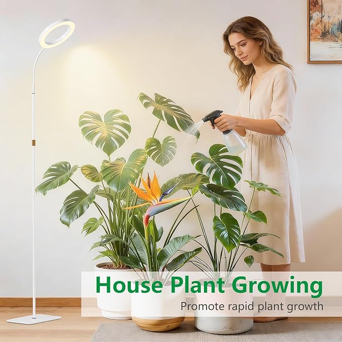 LPMZMBL One Head Grow Light for Indoor Plants Full Spectrum - Floor Standing Plant Lamp with Auto Timer 6/12/18H, 5-Level Dimmable & Adjustable Height 16.5-68in for Large Tall Plants | White