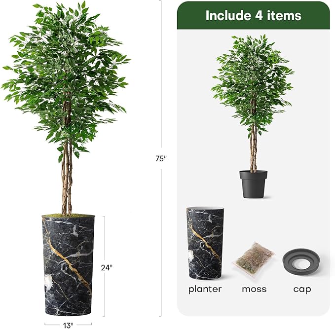 Artificial Tree in Modern Granite Effect Planter, Fake Ficus Silk Tree for Indoor and Outdoor Home Decoration - 75" Overall Tall (Plant Pot Plus Tree)