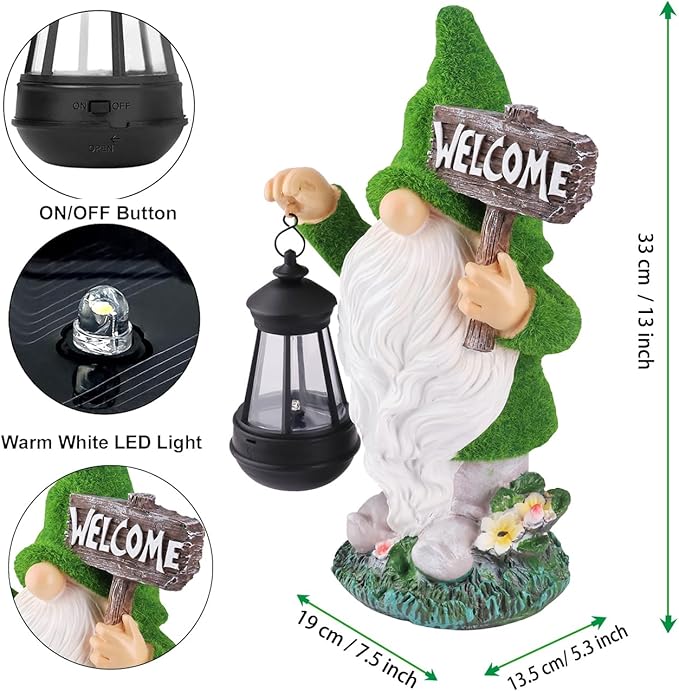 Garden Outdoor Statues, Solar Gnome Statues,Gnome Decorations with Solar Outdoor Lights for Garden Decor, Sculptures & Statues for Front Porch Patio Lawn, Gifts for Mom, 13"