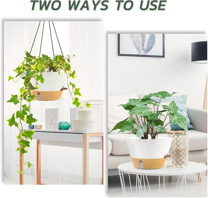 ZMTECH 12 Inch Hanging Planters for Indoor, Large Hanging Plant Pot with Visible Water Level and Chain, Self Watering Hanging Flower Pot for Outdoor Garden Porch(White)
