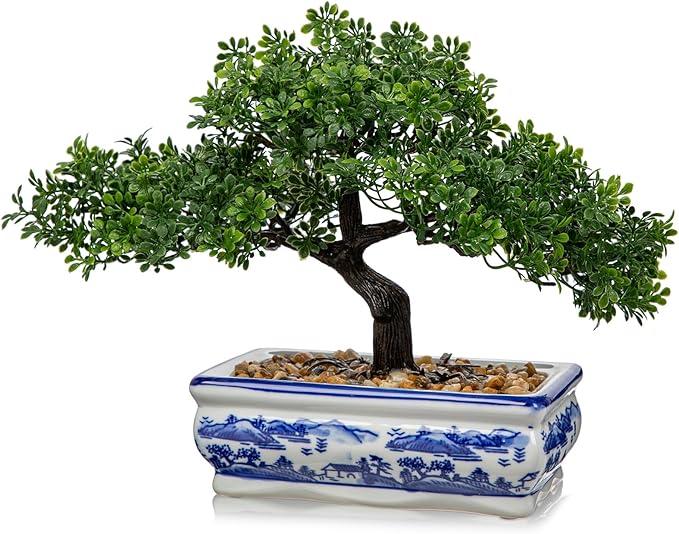 Artificial Bonsai Tree with Blue and White Porcelain Pot, Fake Pine Bonsai for Home Office Desk Decor, Oriental Zen Tabletop Decoration, Faux Bonsai Plant for Living Room, Shelf & Gift