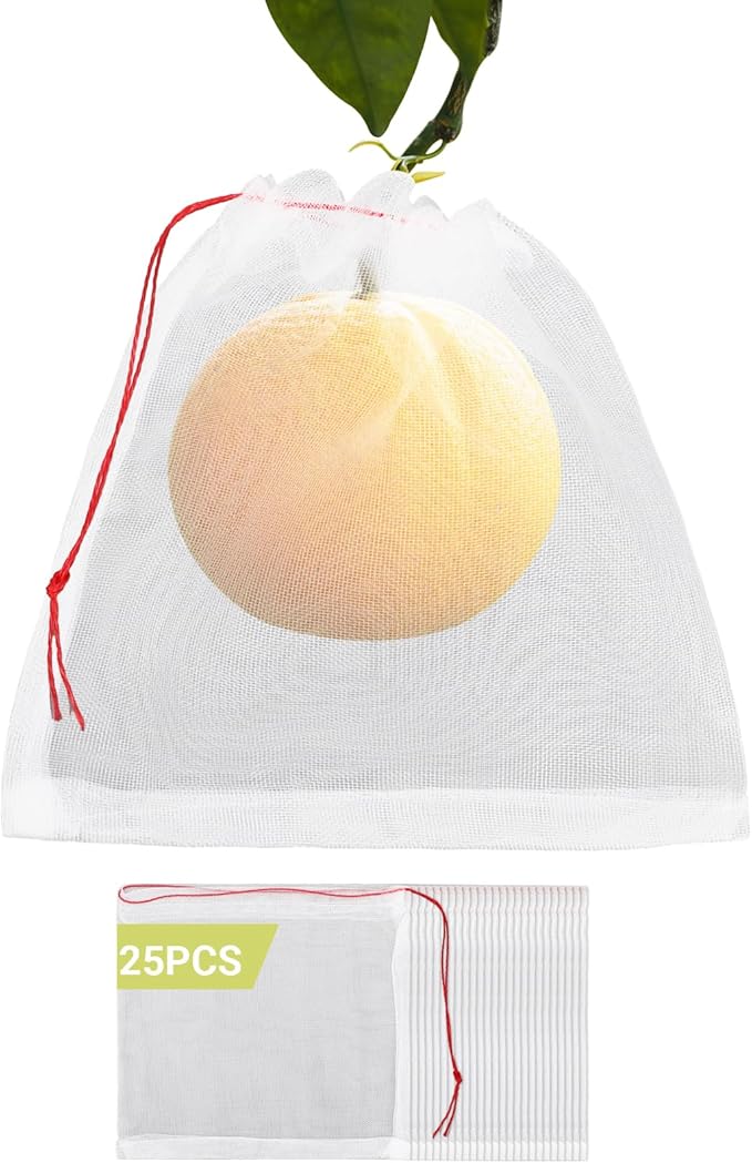 Fruit Netting Bags, 25pcs 8x8 in Mesh for Trees with Drawstring, Fruit Protection Bag Cover for Grapes Apples Peaches Tomatoes from Pest Birds Critters