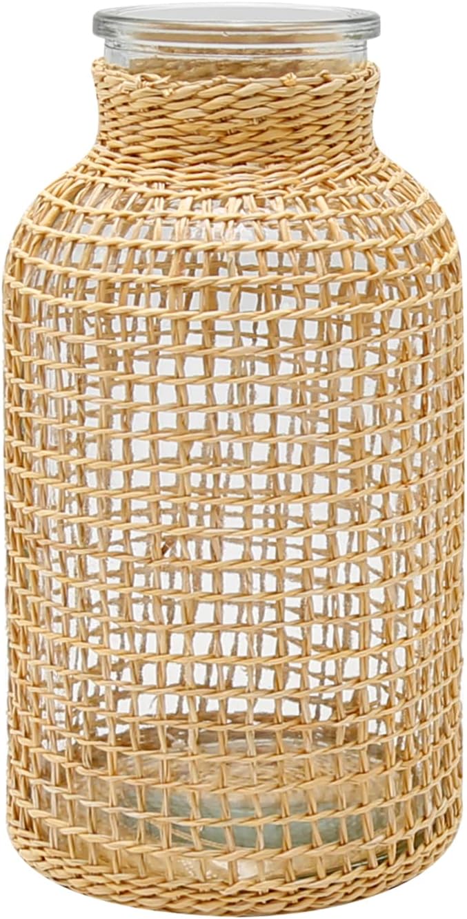 MDEOOSKY Straw Woven Glass Vase 7.87''x1.96''x4.13''Boho Glass Flower Vase Country Rustic Style Vase Glass Vase for Floral Arrangements Bottle Height (B Style 7.87IN)