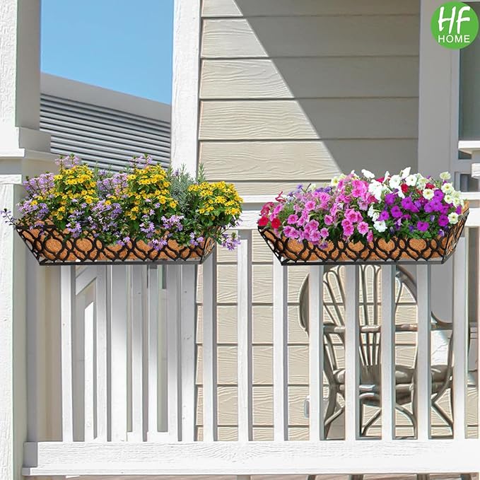 HFHOME 24 Inch Window Deck with Coco Liner, 24" Window Boxes Horse Trough with Coconut Coir Liner, Black Metal Hanging Flower Planter Basket Railing Planter for Outdoor Indoor Lawn - 2 Pack