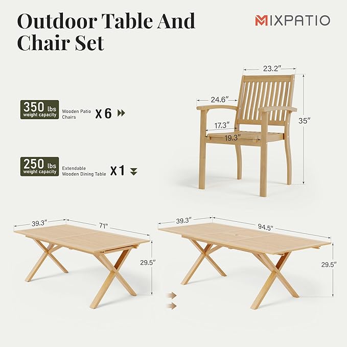 Acacia Wood Outdoor Dining Set, 7 Pieces Patio Dining Table and Chairs Set, Expandable Dining Table(1.97" Umbrella Hole) and 6 Wooden Chairs, Patio Furniture Set for Deck Poolside Backyard